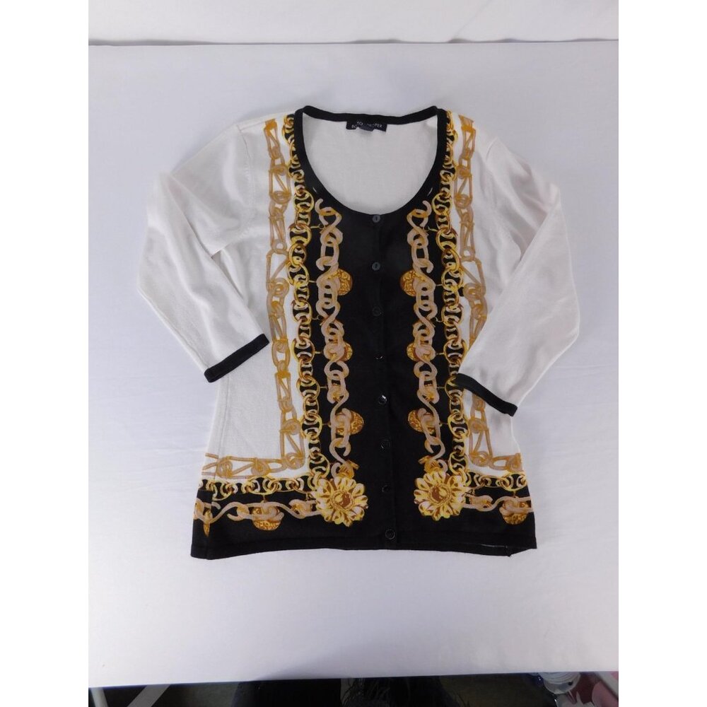 Boston Proper Button-Up Womens S White Black Gold Chain Print 3/4 Sleeve - Picture 1 of 6
